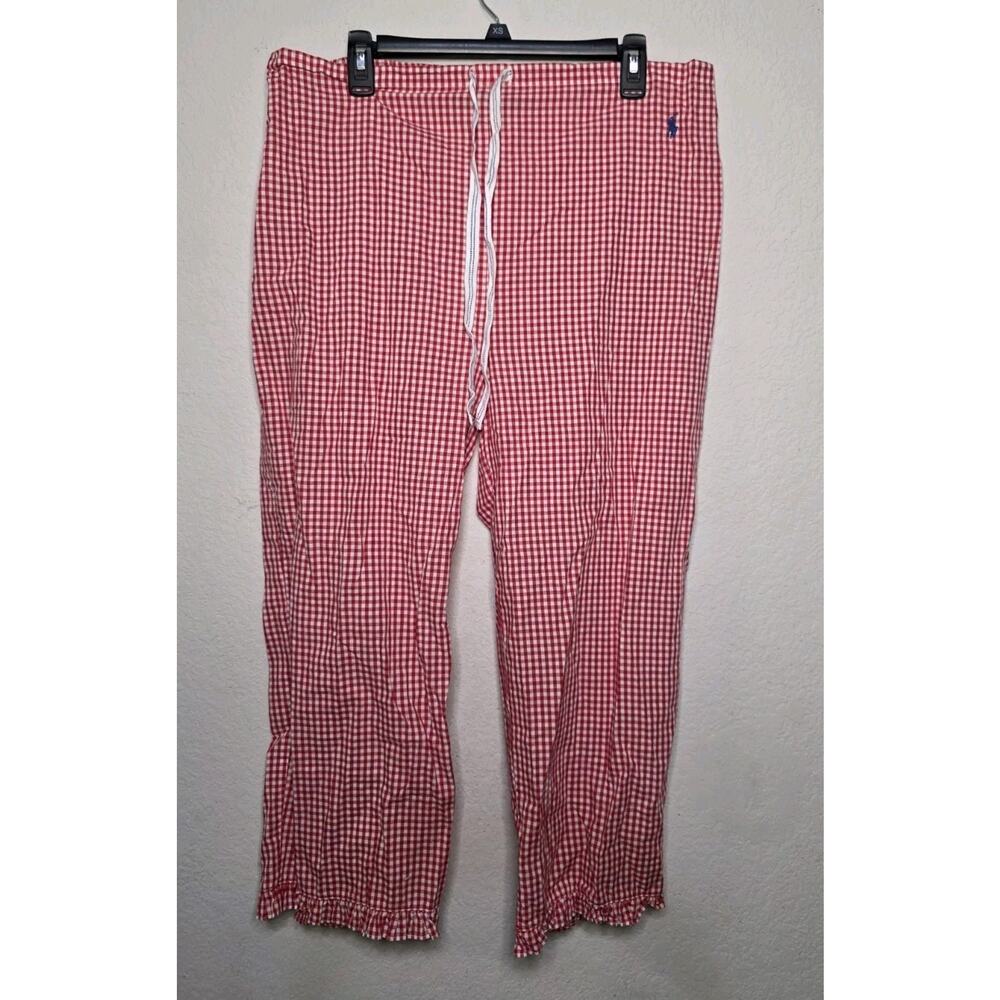 Ralph Lauren Pajama Pants Red White Gingham Check Sleepwear L Cotton Ruffle Hem